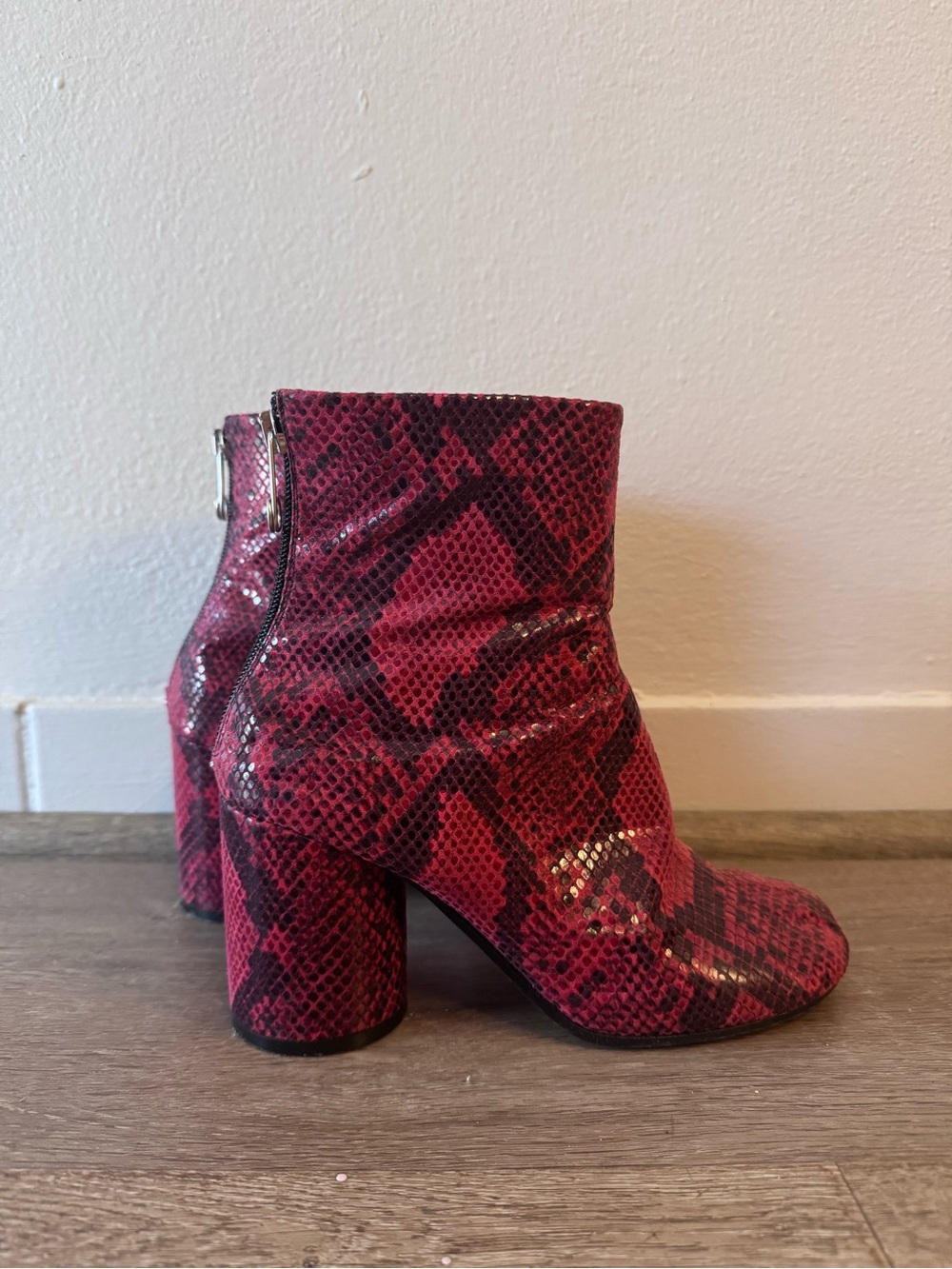 Maison Martin Margiela Red Snake-Print Block Heel Ankle Boots